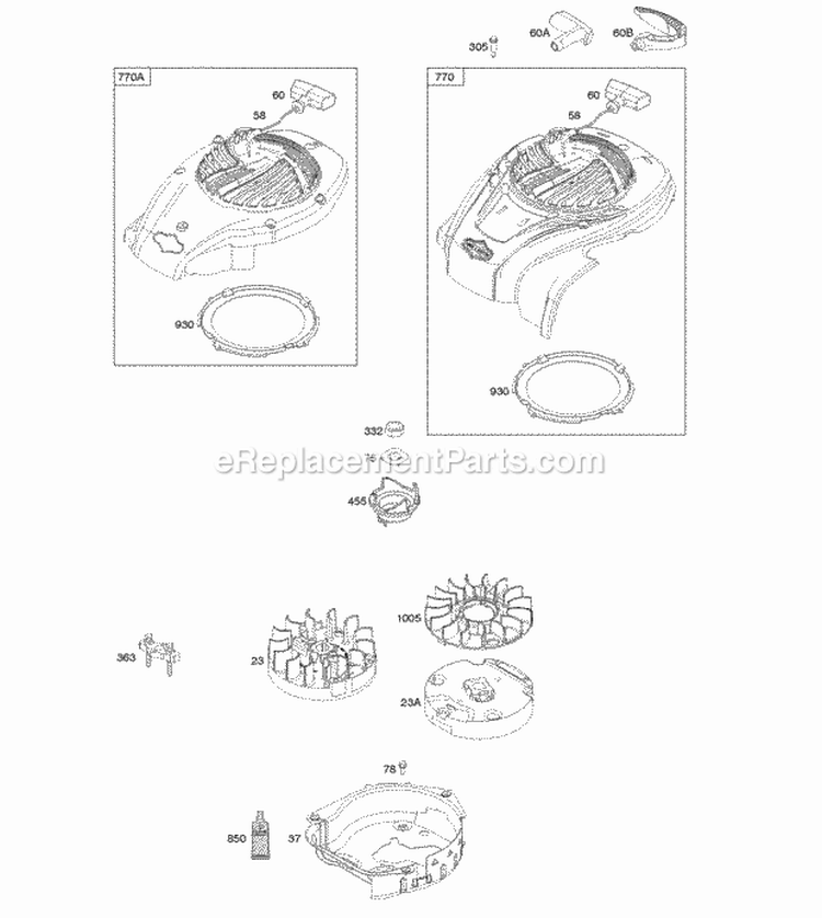 Blower Housing Flywheel Rewind Starter Diagram and Parts List for 09P602-0015-H1  Briggs and Stratton Engine